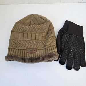 NWOT All-match Winter Beanie Knit Cap With Gloves Brown Activewear Snow Ski B407